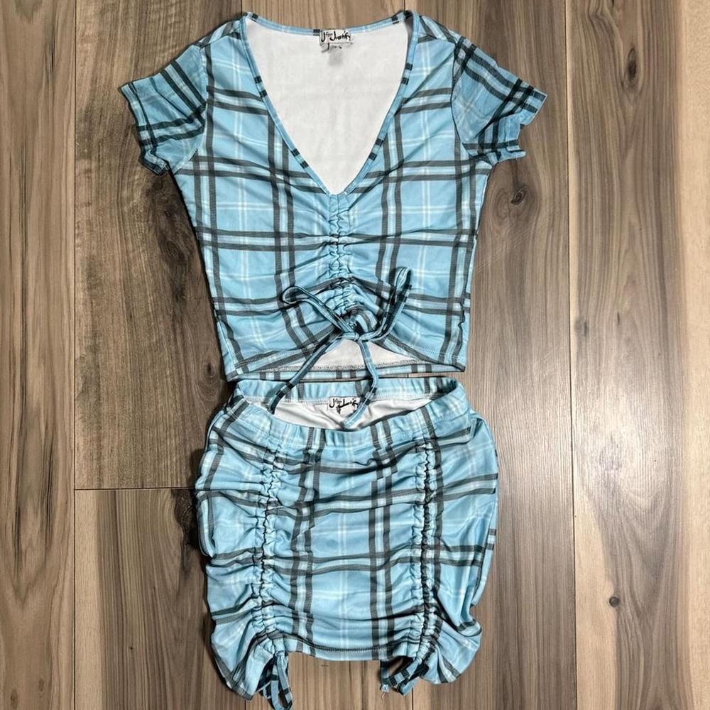 Blue and black plaid crop top and skirt set